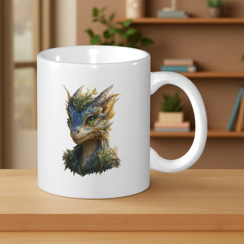 Tailorly White Ceramic 11 oz Mug - Majestic Fantasy Creature With Blue Scales And Forest Elements Dragon