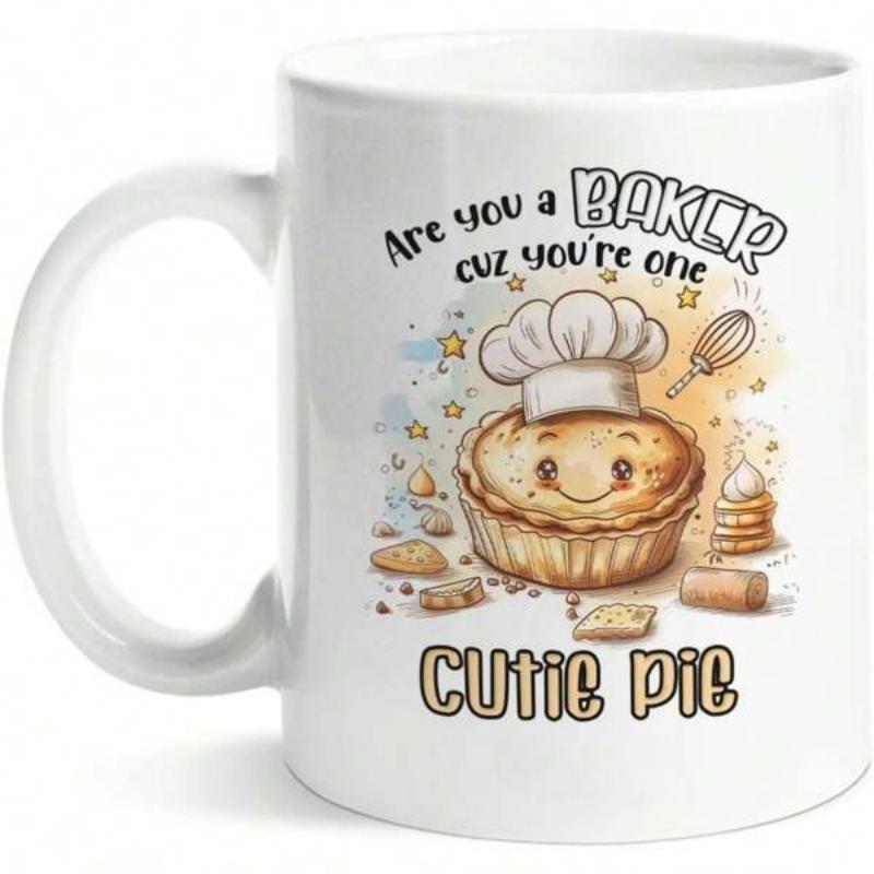 Tailorly White Ceramic 11 oz Mug - Are You A Baker Cuz Youre One Cutie Pie Sweet Smiling Pastry Wearing A Chef Hat In A Kitchen Illustration Pie