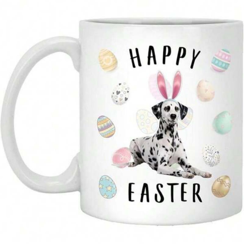 Tailorly White Ceramic 11 oz Mug - Happy Easter Cute Spotted Dog Wearing Pink Bunny Ears Surrounded By Colorful Eggs Dalmatian