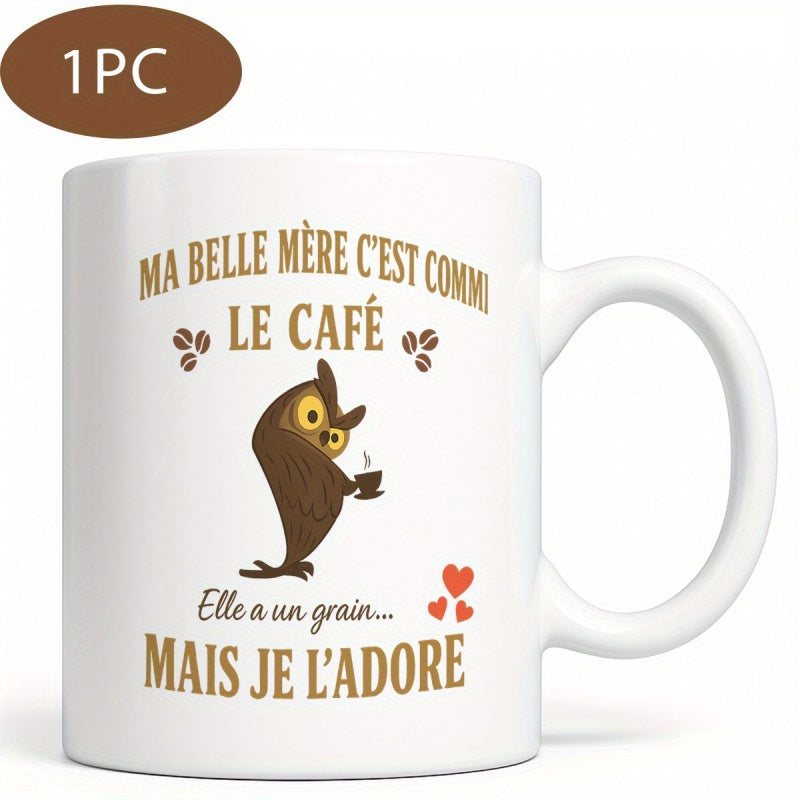 Tailorly White Ceramic 11 oz Mug - Whimsical Brown Cartoon Bird Holding Steaming Coffee Surrounded By Hearts Owl