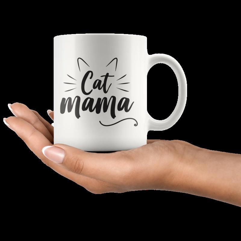 Tailorly White Ceramic 11 oz Mug - Cat Mama Minimalist Black Lines Forming Whiskers And Ears On