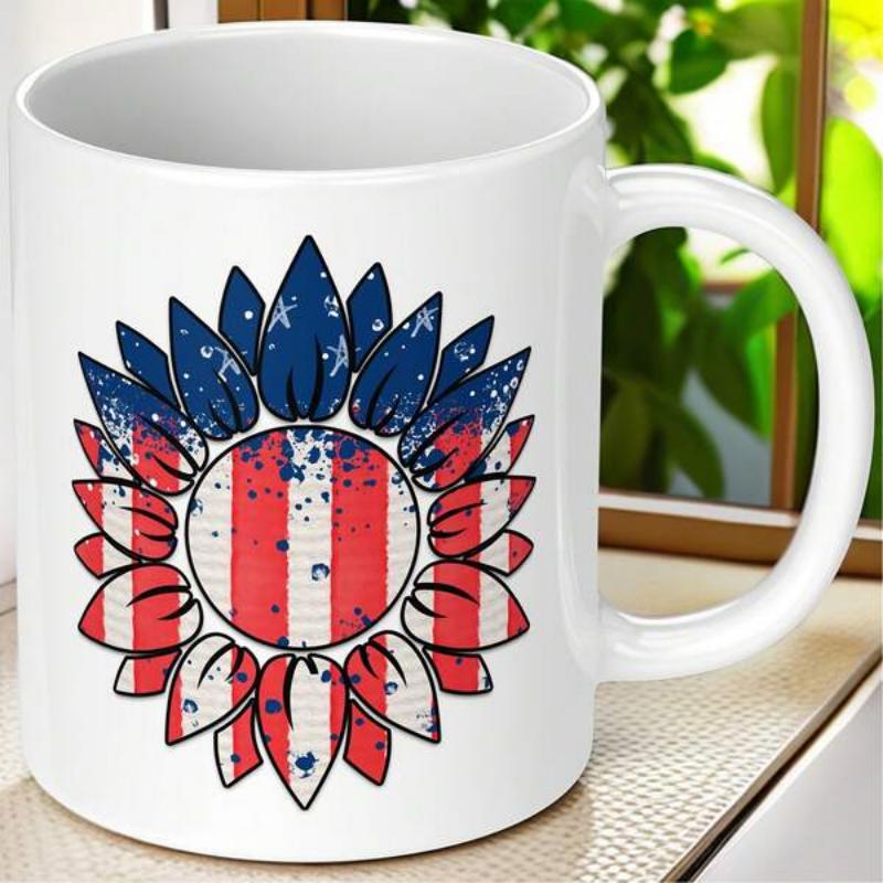 Tailorly White Ceramic 11 oz Mug - Patriotic American Flag Pattern Featuring Distressed Stars And Stripes Sunflower