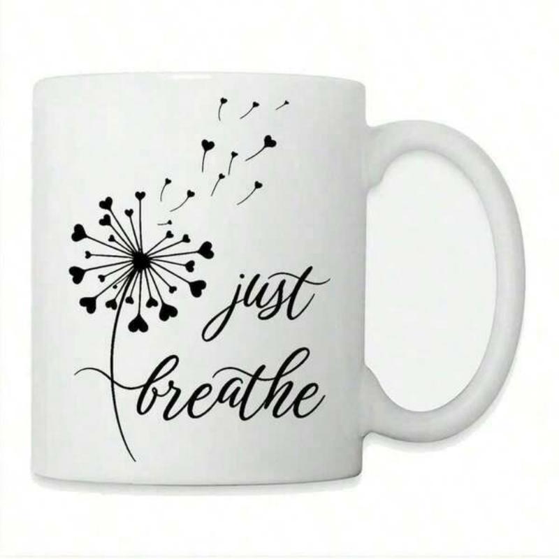 Tailorly White Ceramic 11 oz Mug - Just Breathe Elegant Black Dandelion With Heart Shaped Seeds Floating Through The Air Dandelion
