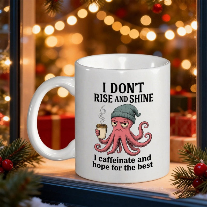 Tailorly White Ceramic 11 oz Mug - I Don't Rise And Shine I Caffeinate And Hope For The Best Grumpy Pink Sea Creature Wearing A Beanie Holding Steaming Coffee