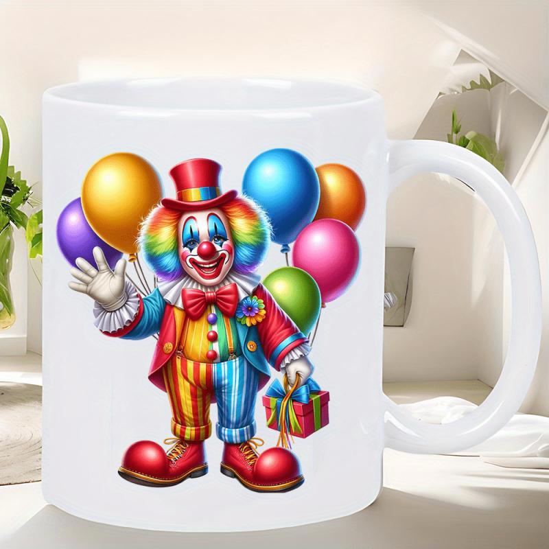 Tailorly White Ceramic 11 oz Mug - Colorful Festive Circus Character Holding Vibrant Balloons And Small Present Clown