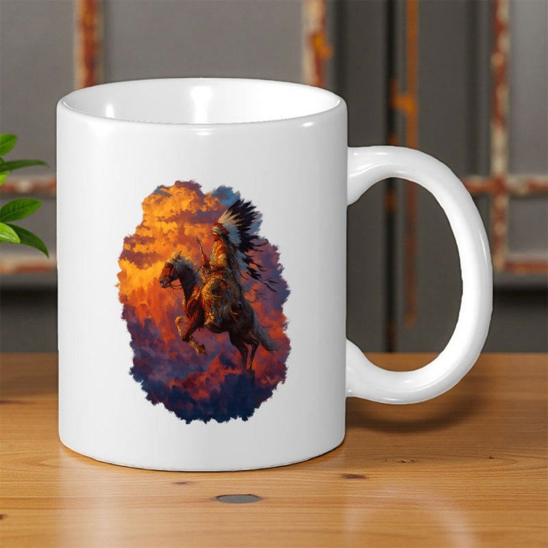 Tailorly White Ceramic 11 oz Mug - Majestic Warrior Riding Through Vibrant Sunset Colored Clouds Galloping Horse