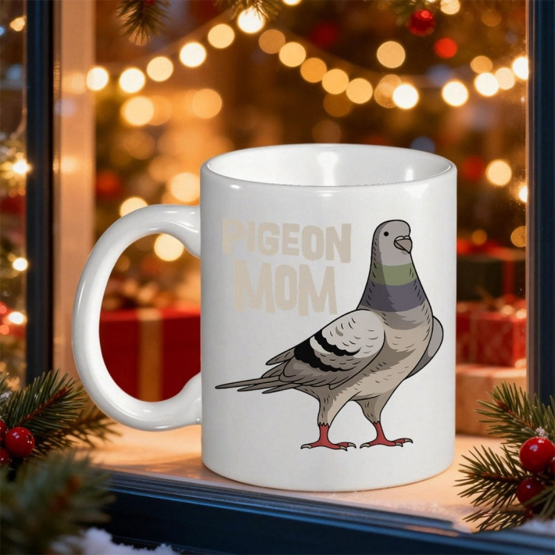 Tailorly White Ceramic 11 oz Mug - Pigeon Mom Detailed Illustration Of A Standing Bird With Soft Grey Feathers Pigeon