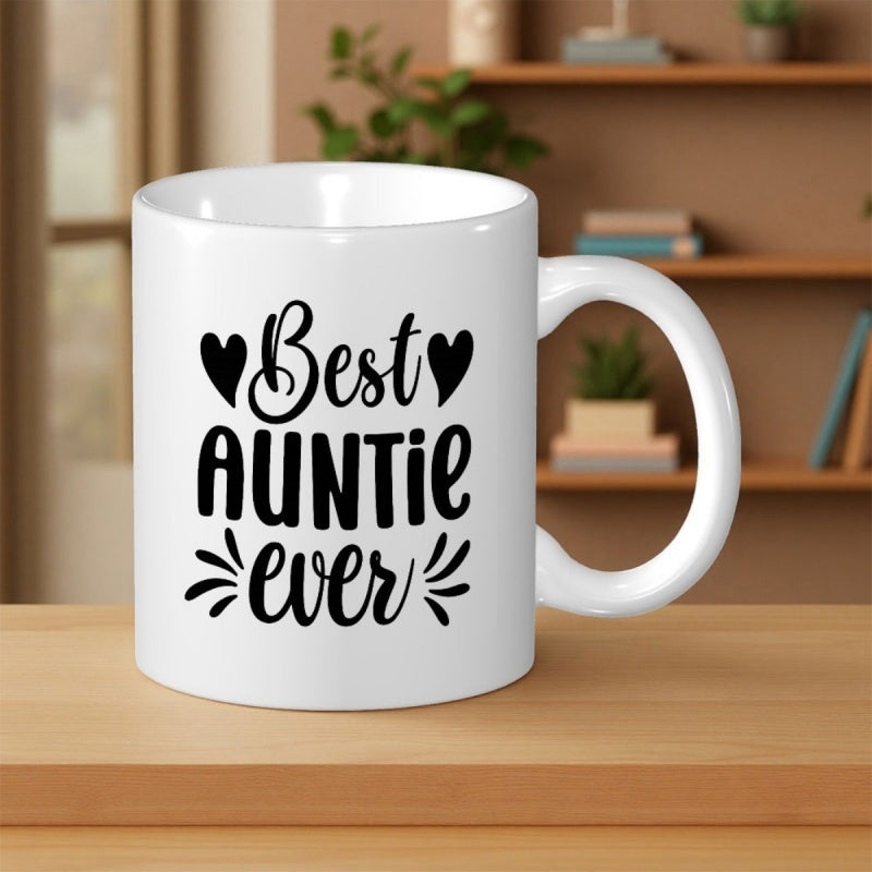Tailorly White Ceramic 11 oz Mug - Best Auntie Ever Minimalist Black Ink Script With Decorative Hearts And Stylized Strokes Mug