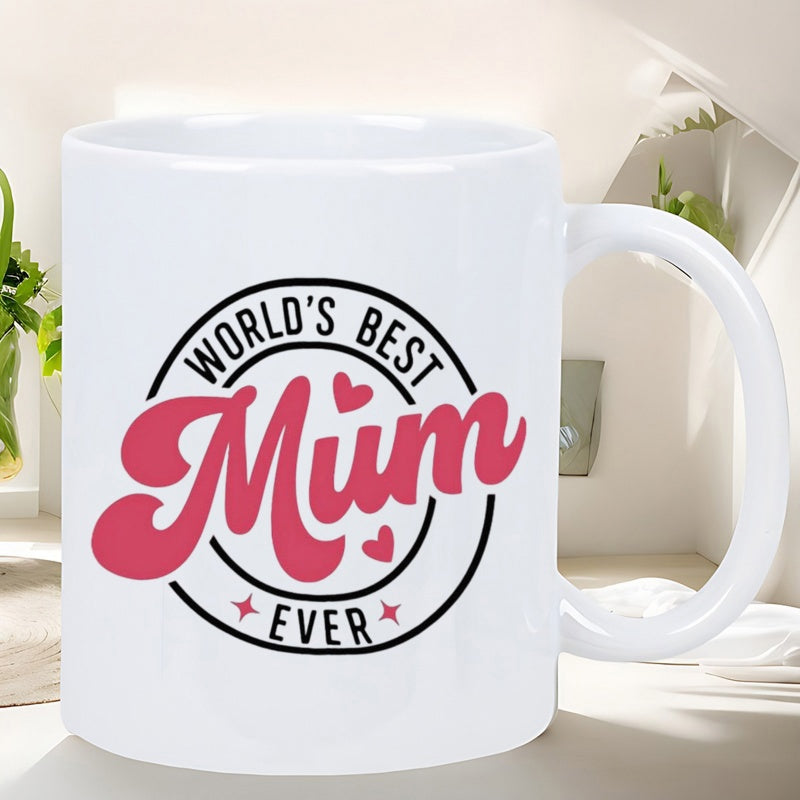 Tailorly White Ceramic 11 oz Mug - Worlds Best Mum Ever Retro Style Pink Text With Hearts Inside Circular Frame Mug