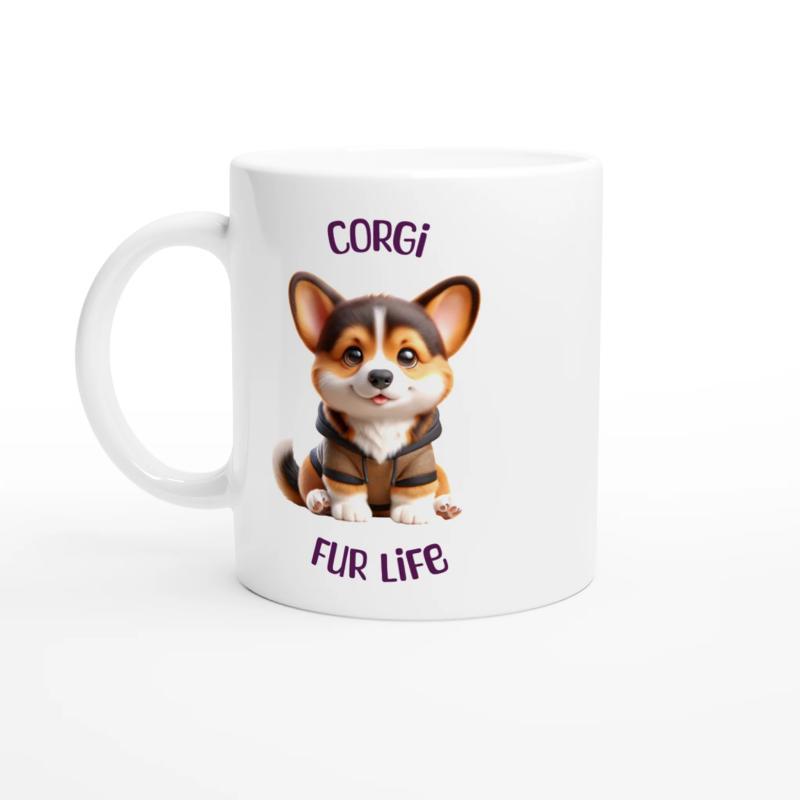 Tailorly White Ceramic 11 oz Mug - Corgi Fur Life Small Adorable Puppy Sitting Calmly Wearing Brown Vest Corgi