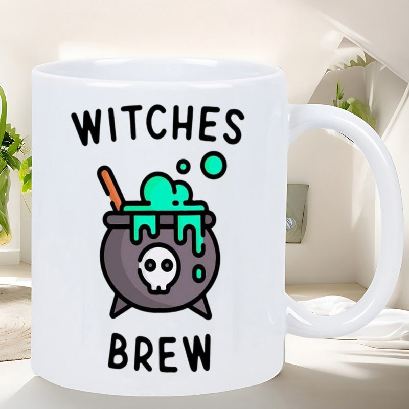 Tailorly White Ceramic 11 oz Mug - Witches Brew Bubbling Green Potion Inside A Skull Icon Magic Cauldron