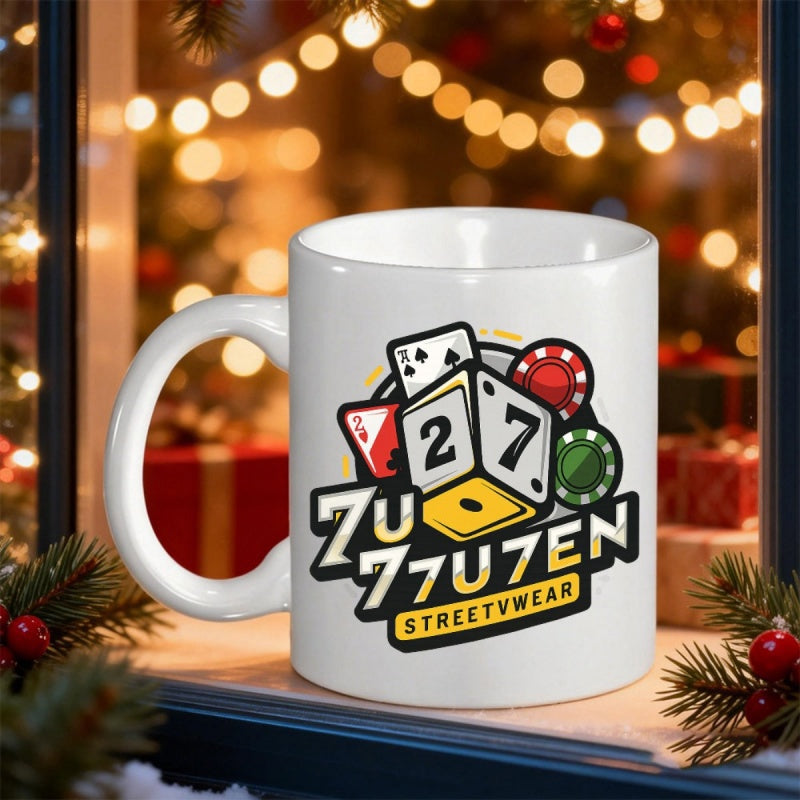 Tailorly White Ceramic 11 oz Mug - Streetwear Vibrant Casino Icons Featuring Poker Cards And Scattered Chips Dice