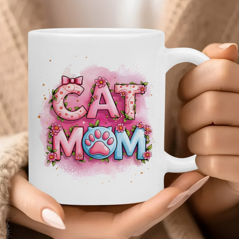Tailorly White Ceramic 11 oz Mug - Cat Mom Artistic Pink Floral Bubble Letters With A Blue Paw Print Watercolor Background Mug