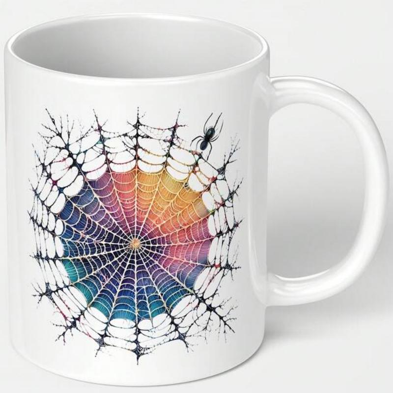 Tailorly White Ceramic 11 oz Mug - Intricate Radial Design With Colorful Rainbow Watercolor Gradient And Tiny Black Spiderweb