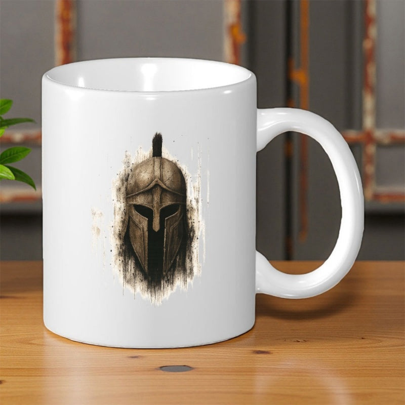 Tailorly White Ceramic 11 oz Mug - Weathered Bronze Metal Spartan Warrior With Distressed Textures And Ancient Style Helmet
