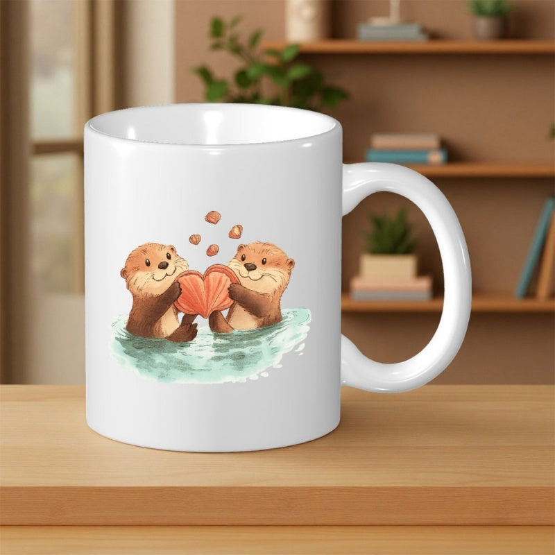 Tailorly White Ceramic 11 oz Mug - Adorable Watercolor Couple Holding A Glowing Heart While Floating On Water Otter
