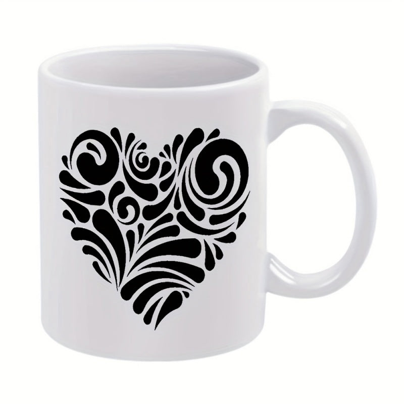 Tailorly White Ceramic 11 oz Mug - Artistic Black Swirl Pattern Formed Within A Minimalist Silhouette Symbol Heart