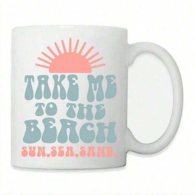 Tailorly White Ceramic 11 oz Mug - Take Me To The Beach Sun Sea Sand Vintage Retro Style Rising Sun With Linear Rays Of Light Sun
