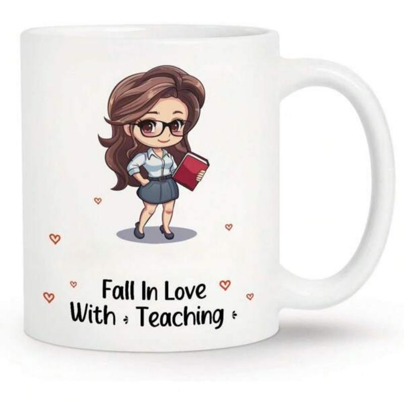 Tailorly White Ceramic 11 oz Mug - Fall In Love With Teaching Adorable Chibi Character Holding Red Book Surrounded By Little Hearts Teacher