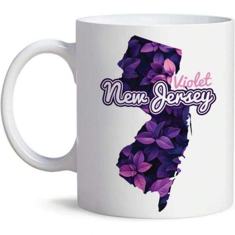Tailorly White Ceramic 11 oz Mug - New Jersey Violet State Silhouette Filled With Deep Purple Blooming Floral Garden Petals State