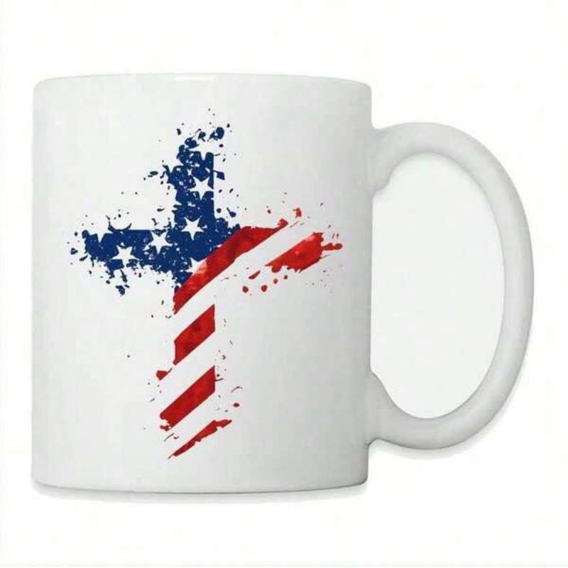 Tailorly White Ceramic 11 oz Mug - Patriotic American Flag Distressed Splatter Design On A Christian Religious Symbol Cross