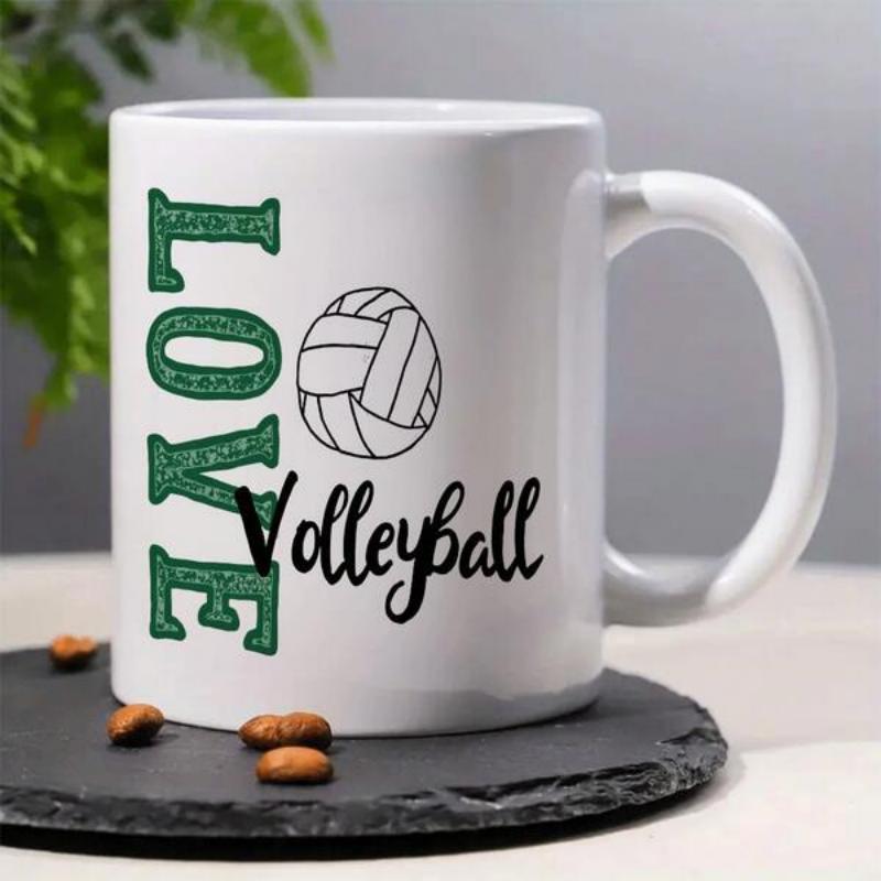 Tailorly White Ceramic 11 oz Mug - Love Volleyball Textured Block Letters With Elegant Cursive Script Beside A Classic Line Art Volleyball