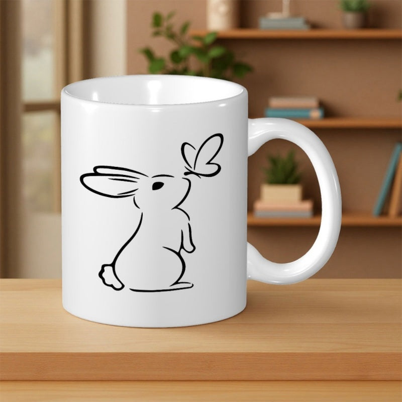 Tailorly White Ceramic 11 oz Mug - Minimalist Black Line Art Featuring A Tiny Butterfly Near Sitting Rabbit