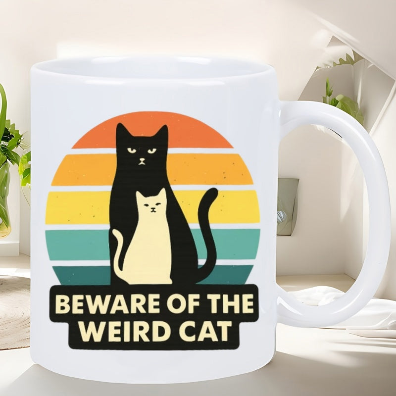 Tailorly White Ceramic 11 oz Mug - Beware Of The Weird Cat Vintage Retro Sunset With Silhouettes Of Sitting Black And White Feline Cat