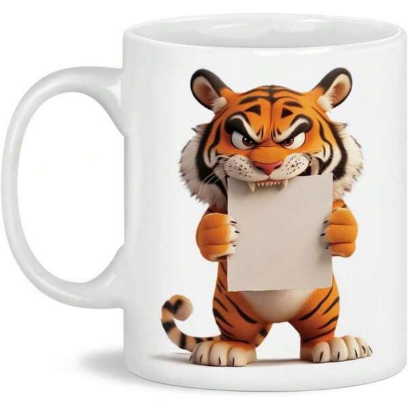 Tailorly White Ceramic 11 oz Mug - Animated Grumpy Cartoon Animal Holding A Blank White Message Board Tiger