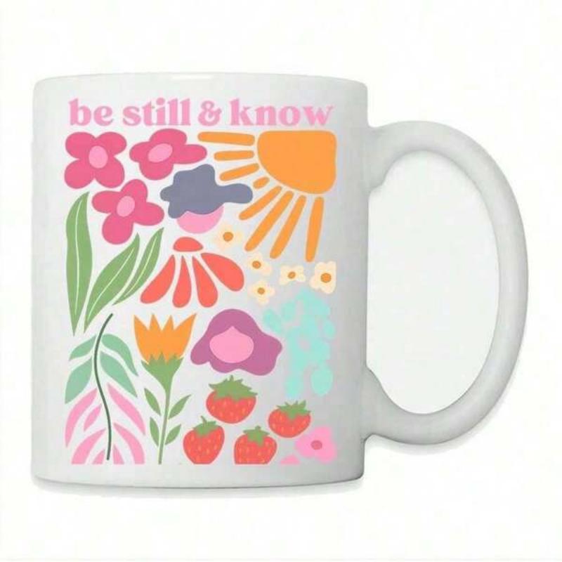 Tailorly White Ceramic 11 oz Mug - Be Still Know Colorful Abstract Pattern Featuring A Warm Sun And Tiny Ripe Red Garden Flowers