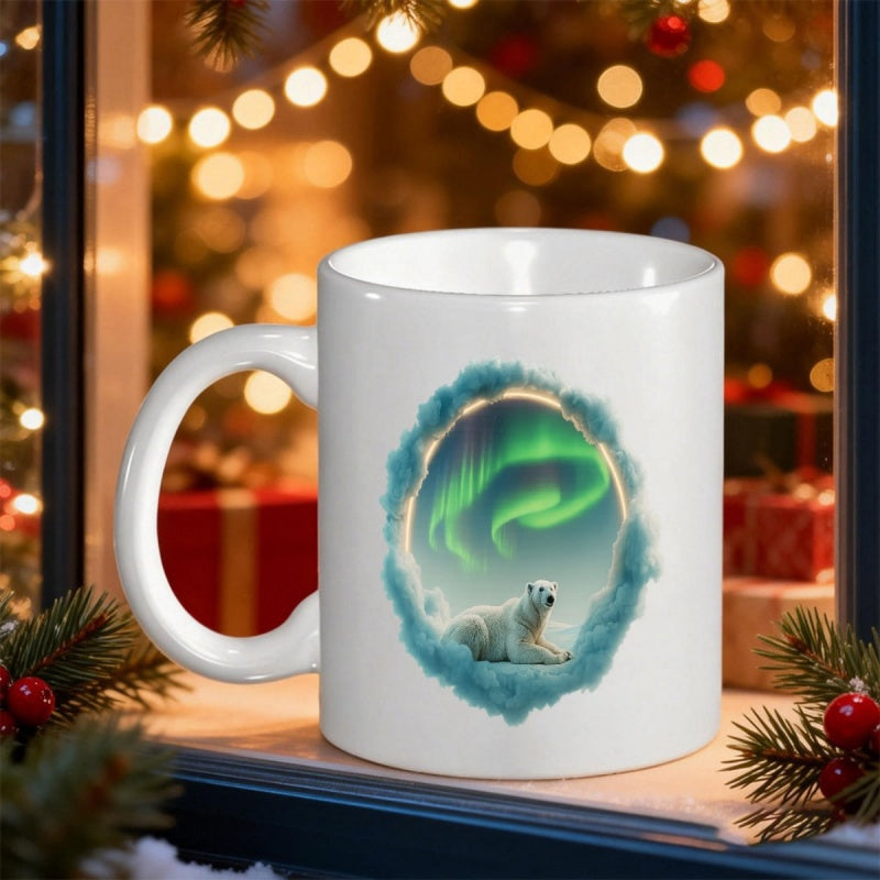 Tailorly White Ceramic 11 oz Mug - Majestic Arctic Creature Resting Under Shimmering Green Northern Lights Sky Polar Bear