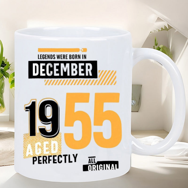 Tailorly White Ceramic 11 oz Mug - Legends Were Born In December 1955 Aged Perfectly All Original White Ceramic Background Featuring Bold Yellow And Black