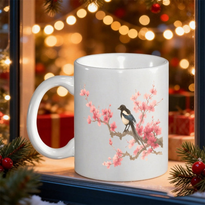 Tailorly White Ceramic 11 oz Mug - Beautiful Pink Cherry Blossoms With A Songbird Resting On Tree Branches Magpie