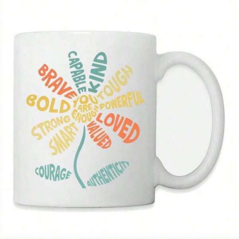 Tailorly White Ceramic 11 oz Mug - Brave Capable Kind Bold Strong Smart Courage Authenticity Valued Loved Powerful Tough You Are Enough Vibrant Motivational Words