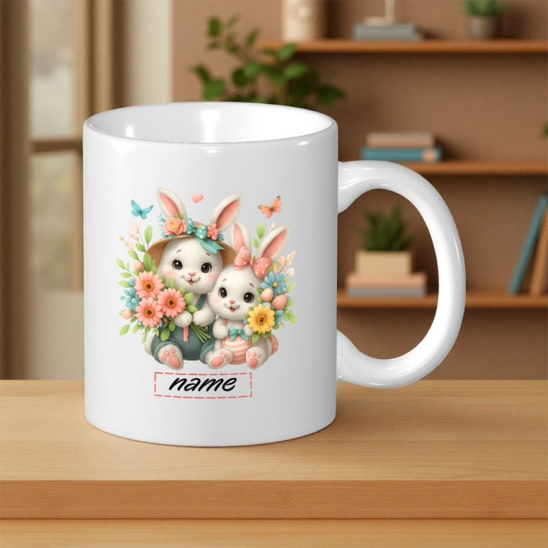 Tailorly White Ceramic 11 oz Mug - Name Adorable Bunnies Holding Colorful Spring Flowers And Butterflies Rabbit