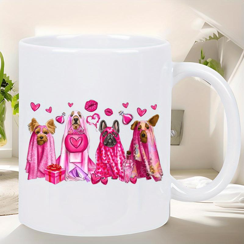 Tailorly White Ceramic 11 oz Mug - Charming Dogs Dressed In Pink Capes With Hearts And Kisses Dog