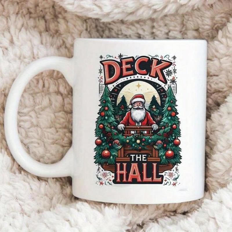 Tailorly White Ceramic 11 oz Mug - Deck The Hall Festive Christmas Trees Decorated With Red Ornaments Surrounding A Jolly Santa Claus