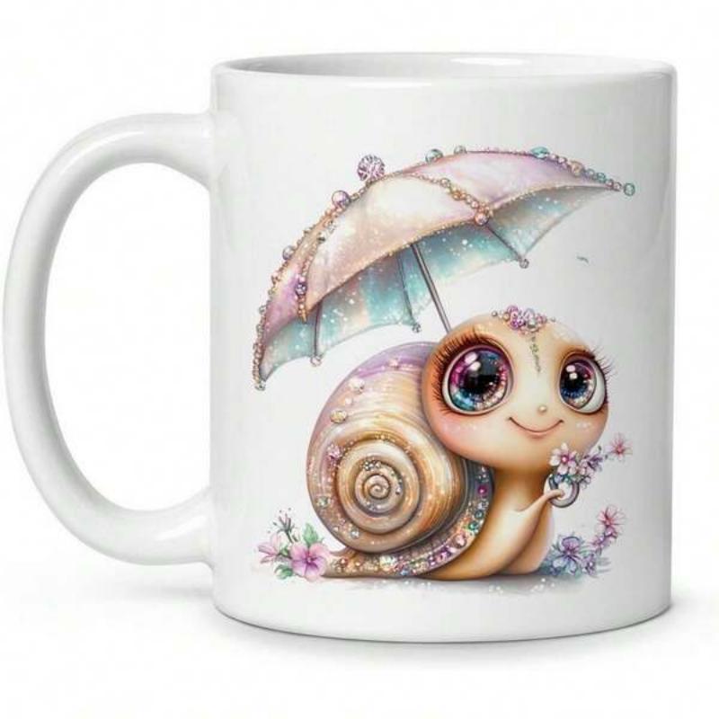 Tailorly White Ceramic 11 oz Mug - Cute Whimsical Cartoon Creature Carrying A Pastel Patterned Umbrella Among Blossoms Snail