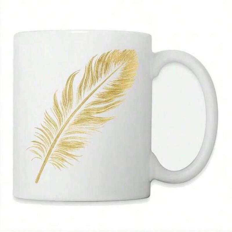 Tailorly White Ceramic 11 oz Mug - Delicate Golden Plume Floating Gently Across A Clean Ceramic Surface Feather