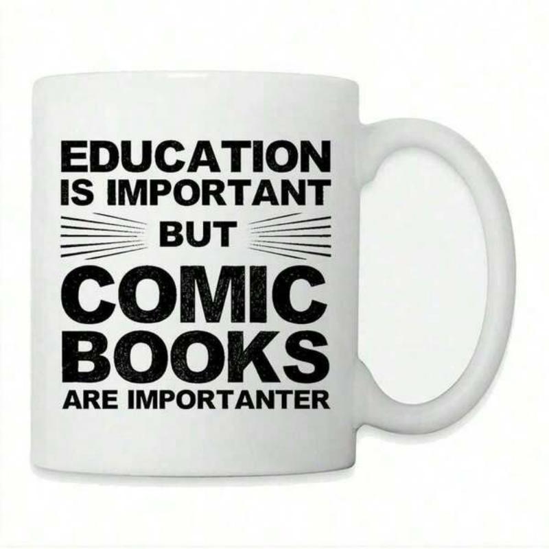 Tailorly White Ceramic 11 oz Mug - Education Is Important But Comic Books Are Importanter Bold Minimalist Typography With Stylish Horizontal Lines Design