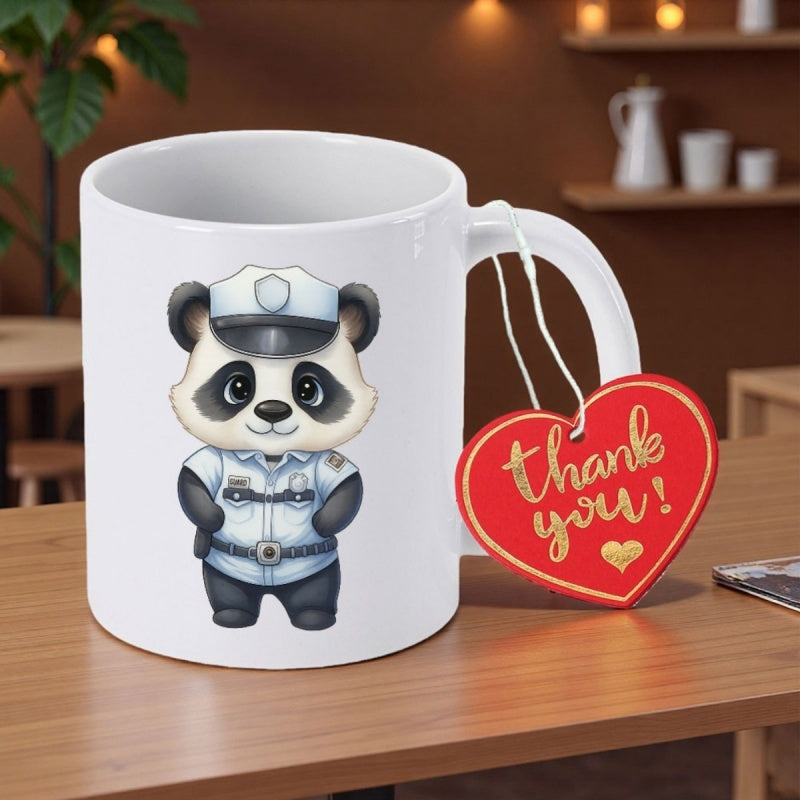 Tailorly White Ceramic 11 oz Mug - Thank You Adorable Small Cartoon Character Wearing A Detailed Blue Police Uniform Panda