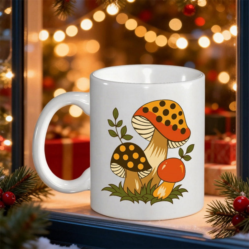 Tailorly White Ceramic 11 oz Mug - Vintage Stylized Forest Fungi Nestled Within Lush Green Leaves Mushroom