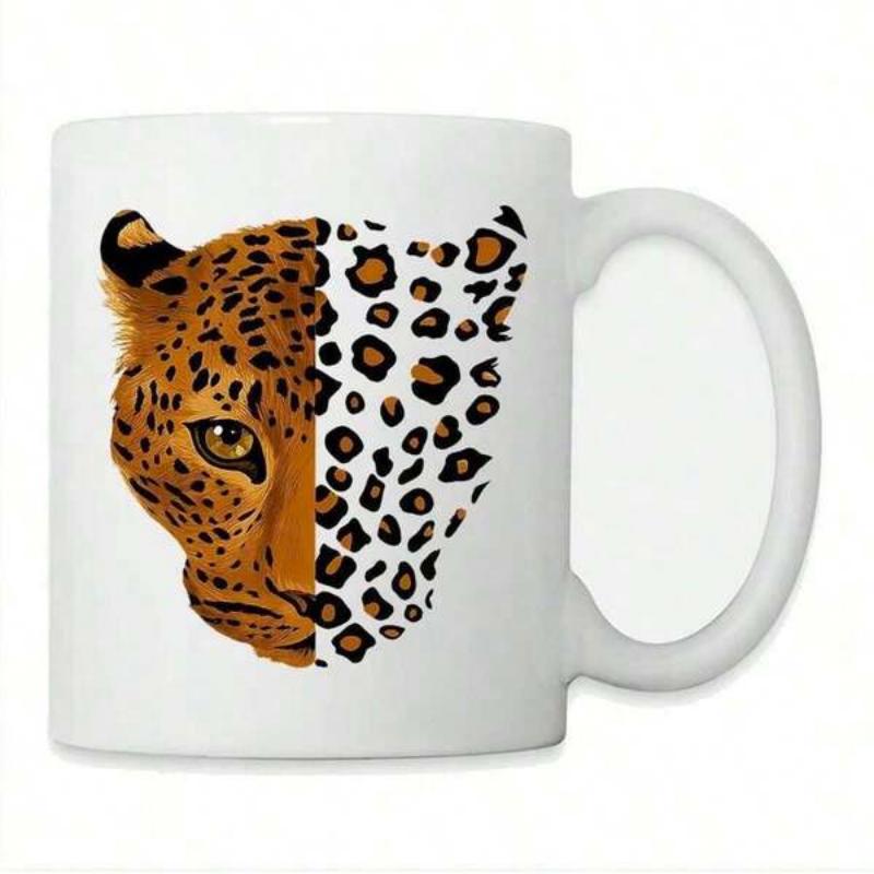 Tailorly White Ceramic 11 oz Mug - Artistic Half Realistic And Half Spotted Pattern Design Intense Wild Leopard