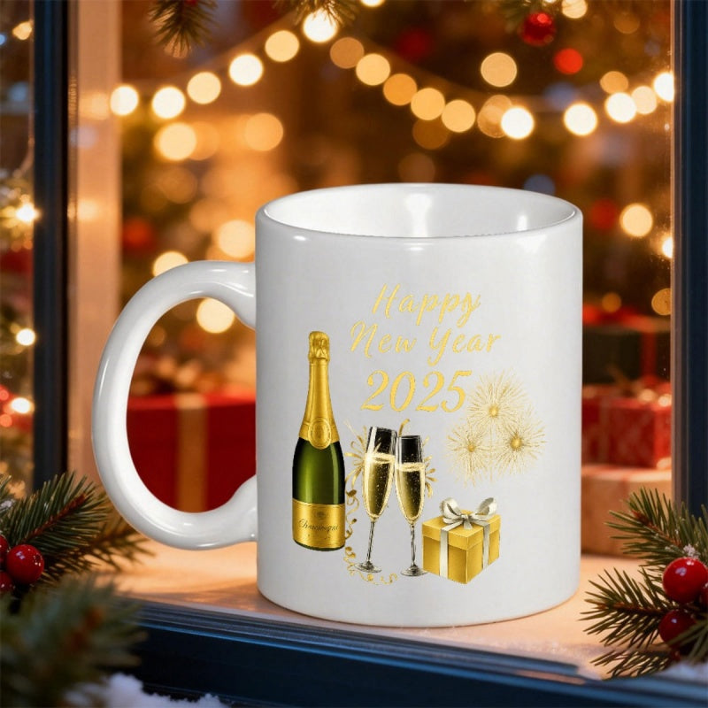 Tailorly White Ceramic 11 oz Mug - Happy New Year 2025 Golden Sparkling Gift Box With Two Toasting Glasses Champagne Bottle