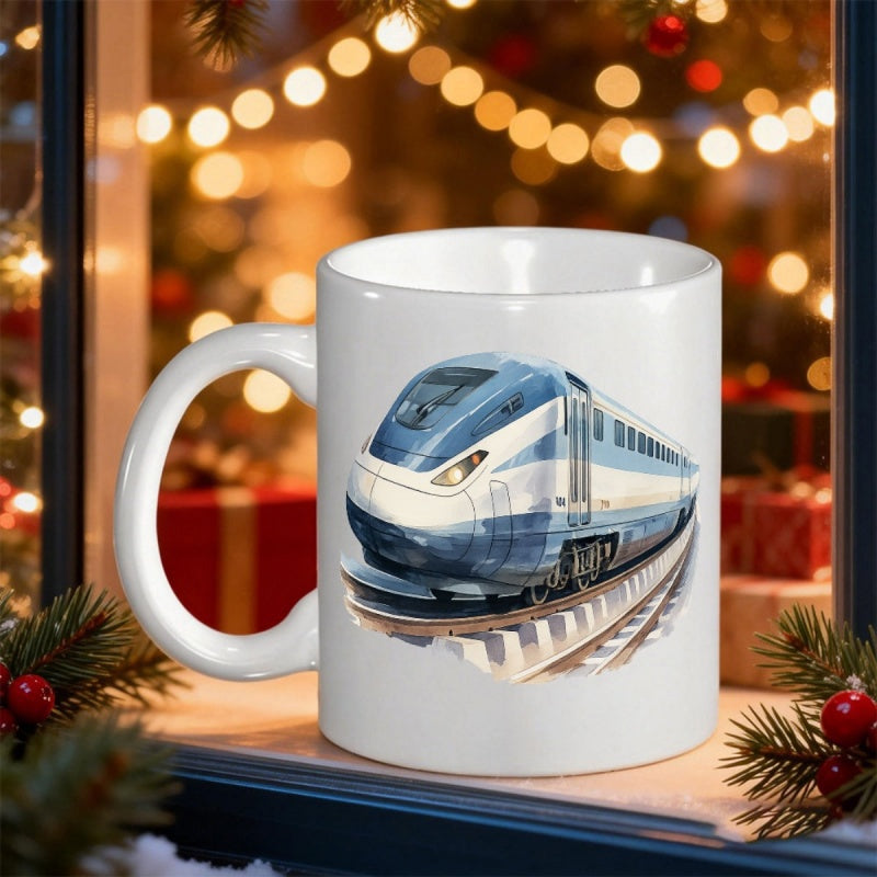 Tailorly White Ceramic 11 oz Mug - Modern Sleek Blue And White High Speed Bullet On Railway Tracks Train