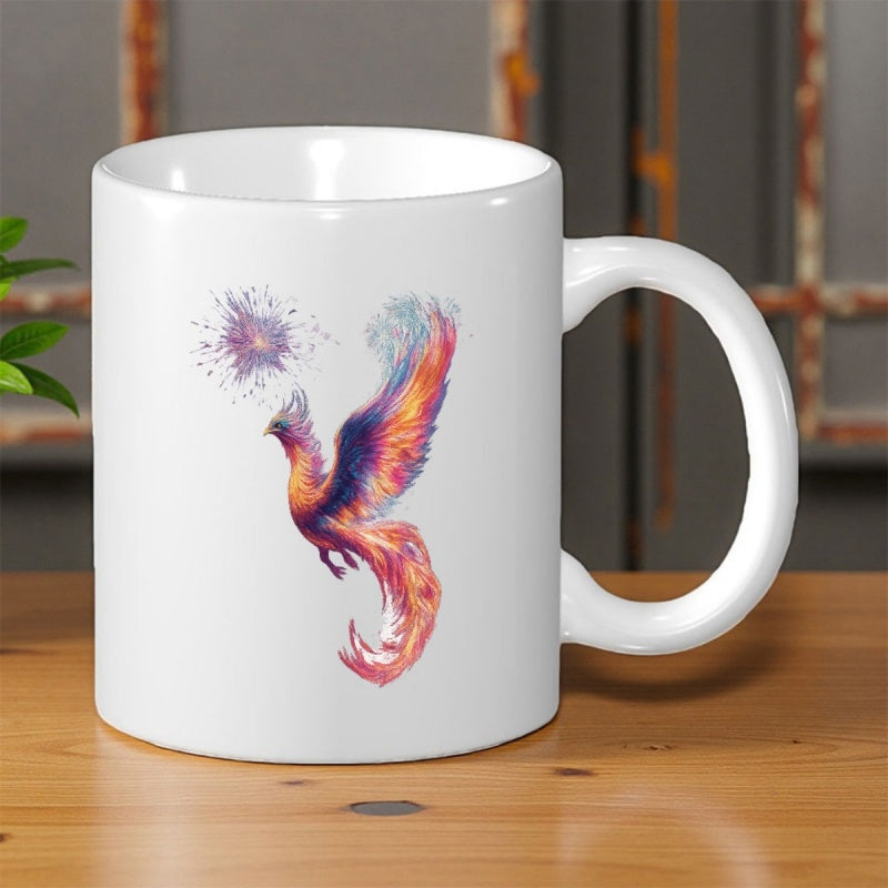 Tailorly White Ceramic 11 oz Mug - Vibrantly Colored Mythical Bird Rising Towards A Glowing Celestial Purple Star Phoenix