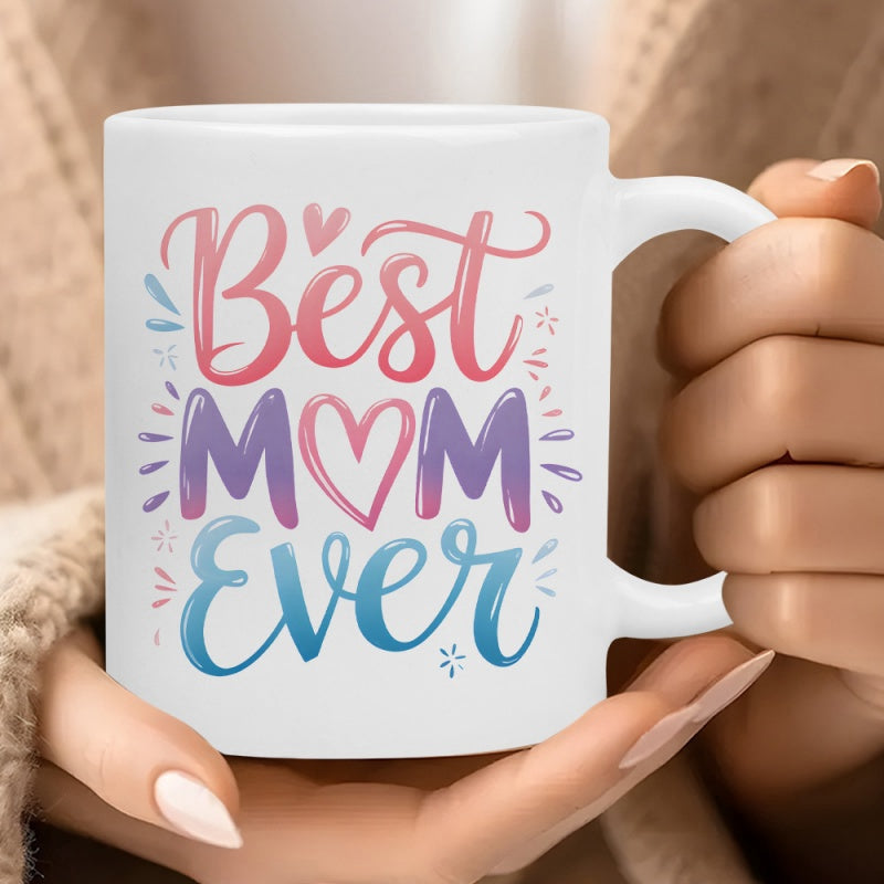 Tailorly White Ceramic 11 oz Mug - Best Mom Ever Colorful Script Featuring Vibrant Artistic Swirls And Small Decorative Heart