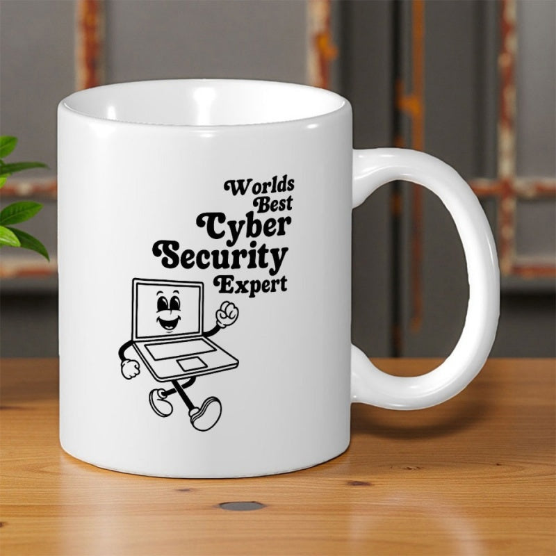Tailorly White Ceramic 11 oz Mug - Worlds Best Cyber Security Expert Happy Cartoon Character Walking With Classic Rubber Hose Animation Style Limbs Laptop