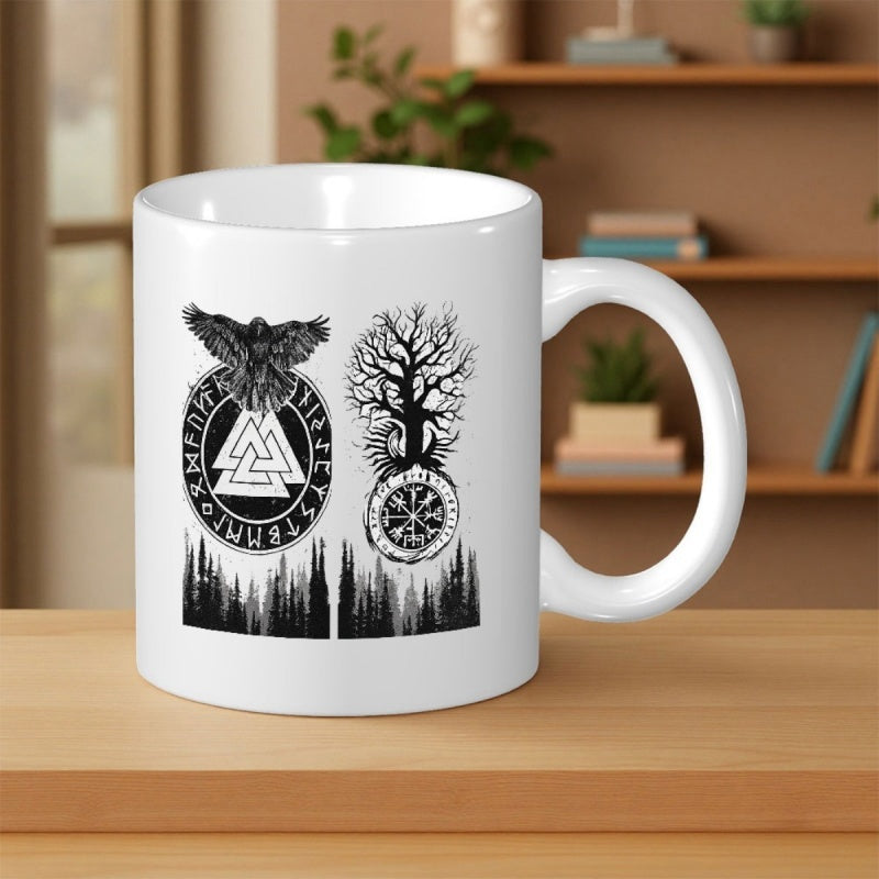 Tailorly White Ceramic 11 oz Mug - Intricate Viking Symbols With Ancient Runes And Mystical Sacred World Tree Raven