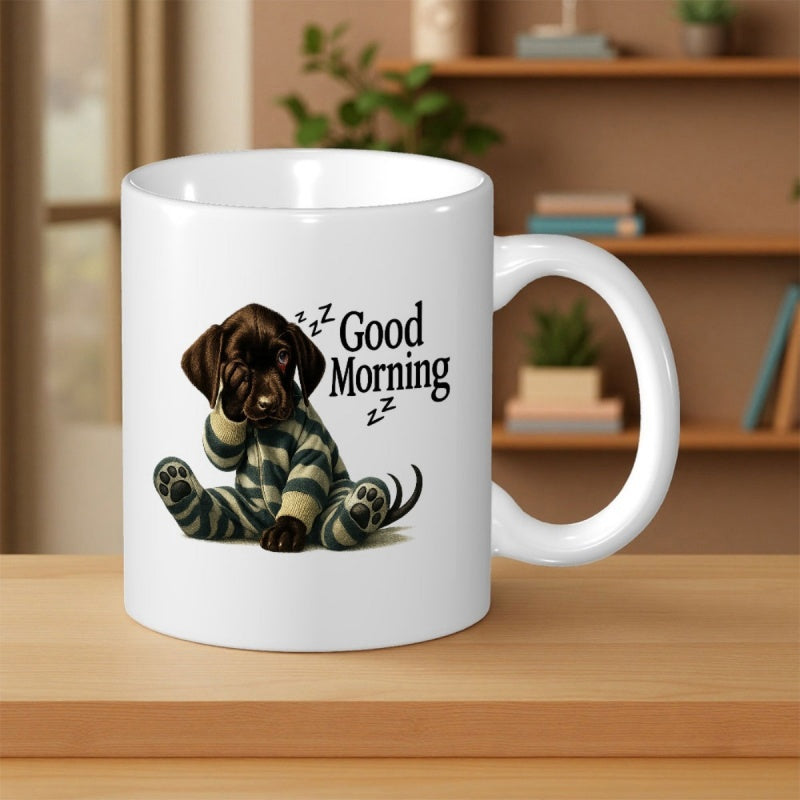 Tailorly White Ceramic 11 oz Mug - Good Morning Sleepy Little Brown Dog Wearing Green And Yellow Striped Pajamas Puppy